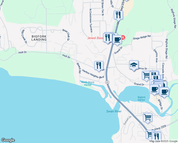 map of restaurants, bars, coffee shops, grocery stores, and more near 151 Harbor Heights Boulevard in Bigfork