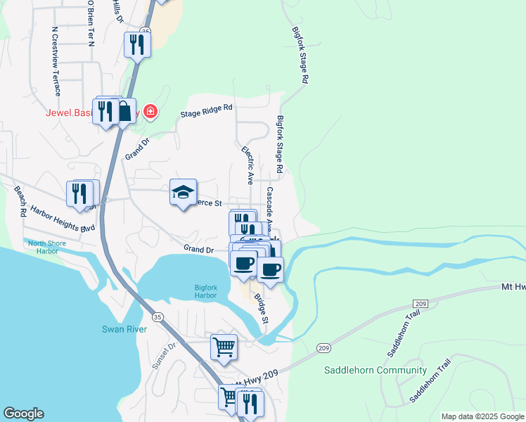 map of restaurants, bars, coffee shops, grocery stores, and more near 739-799 Cascade Ave in Bigfork