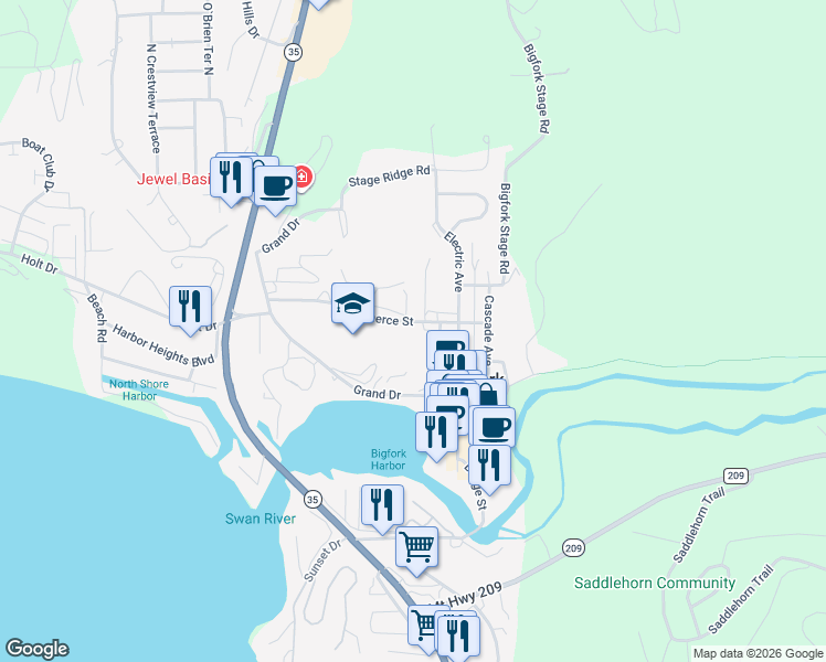 map of restaurants, bars, coffee shops, grocery stores, and more near 370 Commerce Street in Bigfork