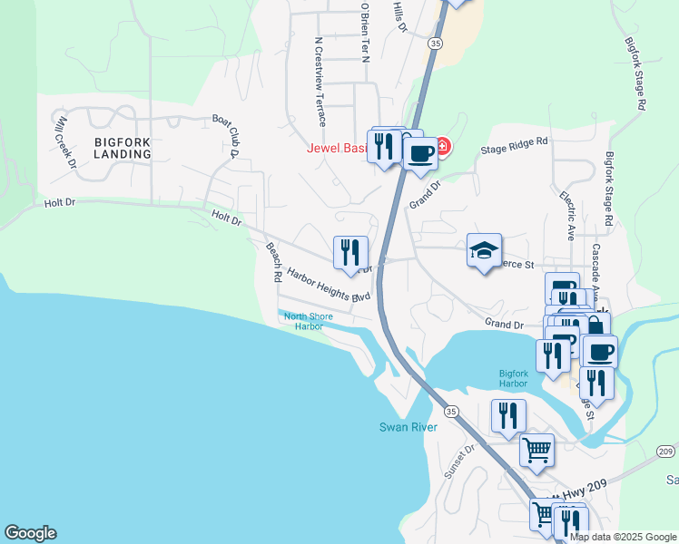 map of restaurants, bars, coffee shops, grocery stores, and more near 132 Holt Drive in Bigfork