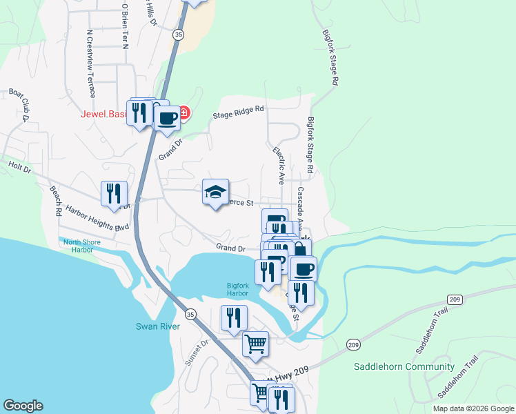 map of restaurants, bars, coffee shops, grocery stores, and more near 370 Commerce Street in Bigfork