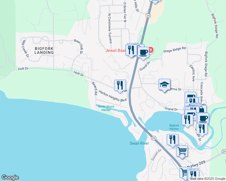 map of restaurants, bars, coffee shops, grocery stores, and more near 132 Holt Drive in Bigfork