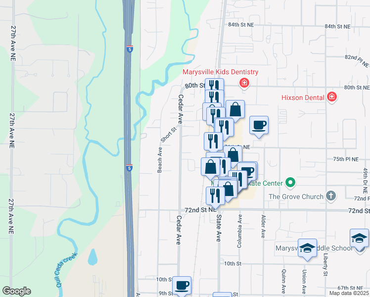 map of restaurants, bars, coffee shops, grocery stores, and more near 1315 Wildwood Street in Marysville