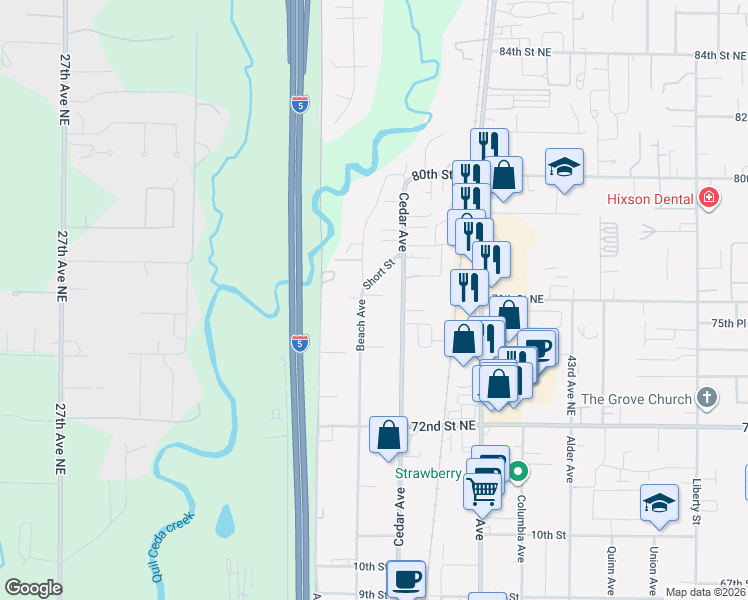map of restaurants, bars, coffee shops, grocery stores, and more near 1300 Beach Avenue in Marysville