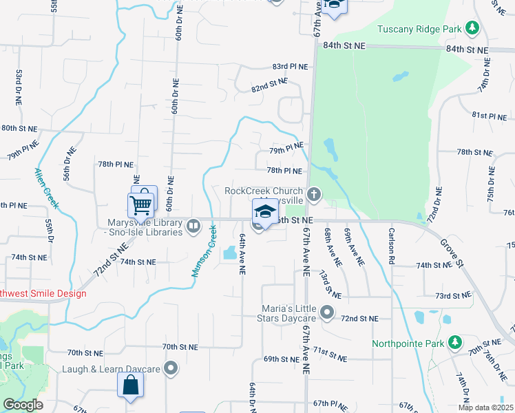 map of restaurants, bars, coffee shops, grocery stores, and more near 6501 Grove Street in Marysville