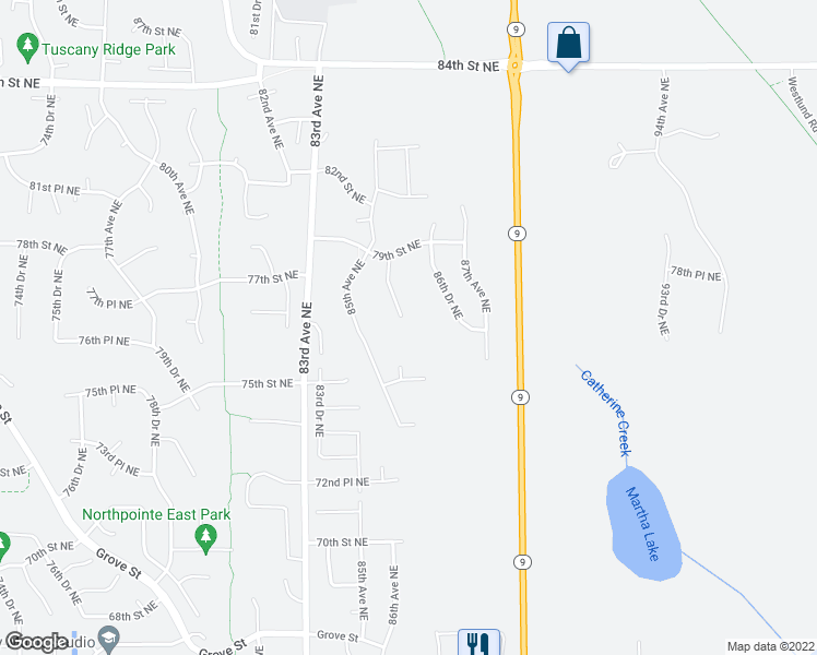 map of restaurants, bars, coffee shops, grocery stores, and more near 7701 86th Avenue North East in Marysville