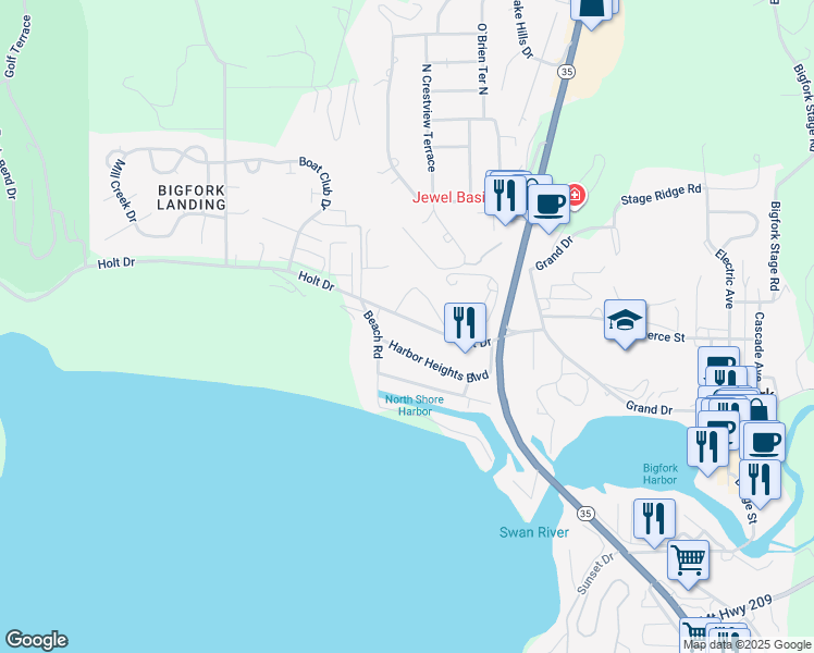 map of restaurants, bars, coffee shops, grocery stores, and more near 151 Harbor Heights Boulevard in Bigfork