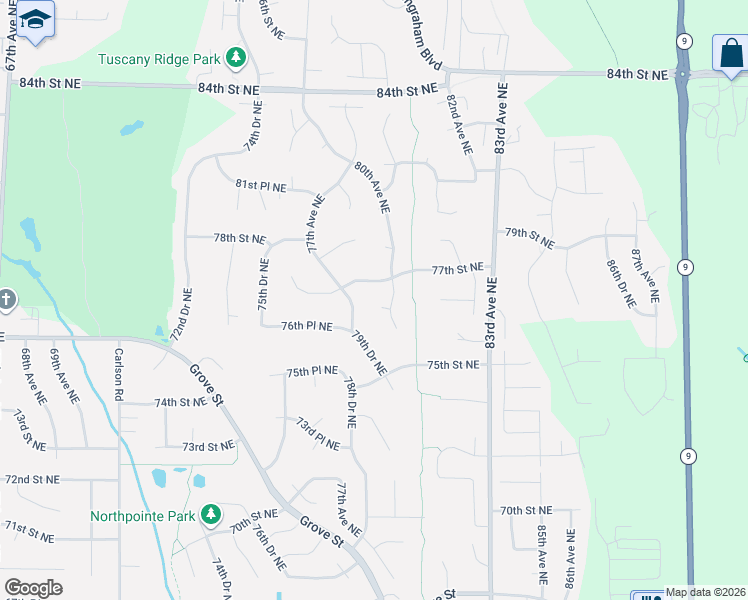 map of restaurants, bars, coffee shops, grocery stores, and more near 7926 77th Street Northeast in Marysville