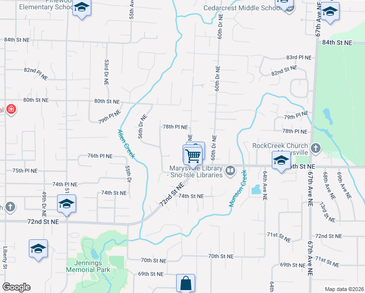 map of restaurants, bars, coffee shops, grocery stores, and more near 7718 59th Avenue Northeast in Marysville
