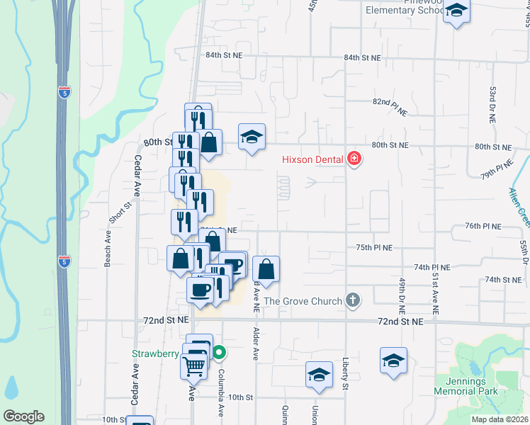 map of restaurants, bars, coffee shops, grocery stores, and more near 4317 76th Street Northeast in Marysville