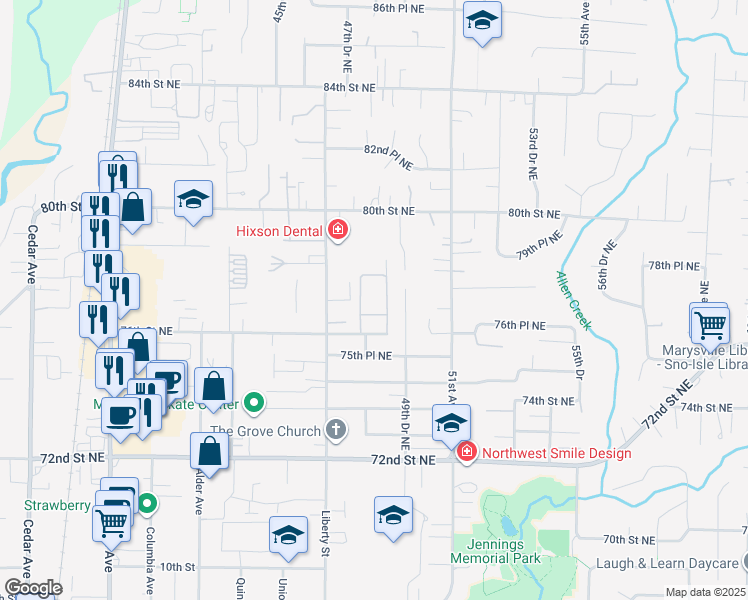 map of restaurants, bars, coffee shops, grocery stores, and more near 4805 76th Street Northeast in Marysville