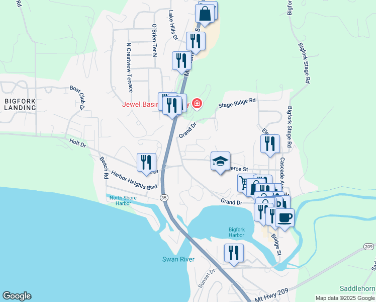 map of restaurants, bars, coffee shops, grocery stores, and more near 114 Terrace Hill in Bigfork