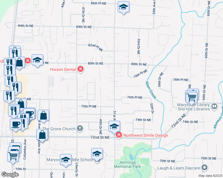 map of restaurants, bars, coffee shops, grocery stores, and more near 7710 51st Avenue Northeast in Marysville
