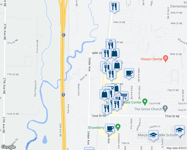 map of restaurants, bars, coffee shops, grocery stores, and more near 1340 Cedar Avenue in Marysville
