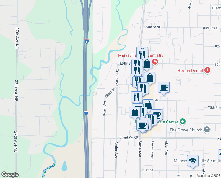 map of restaurants, bars, coffee shops, grocery stores, and more near 1223 Short Street in Marysville