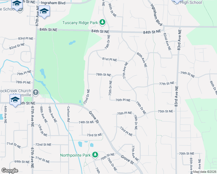 map of restaurants, bars, coffee shops, grocery stores, and more near 7620 75th Drive Northeast in Marysville