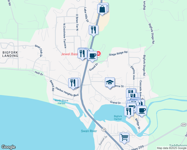 map of restaurants, bars, coffee shops, grocery stores, and more near 114 Terrace Hill in Bigfork