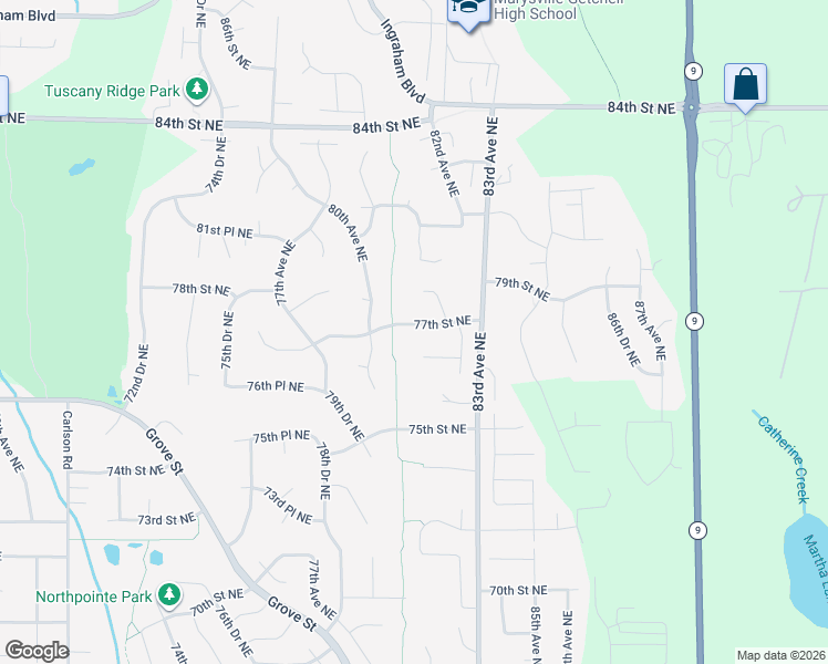 map of restaurants, bars, coffee shops, grocery stores, and more near 8008 77th Street Northeast in Marysville