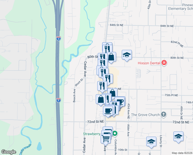 map of restaurants, bars, coffee shops, grocery stores, and more near 1350 Cedar Avenue in Marysville