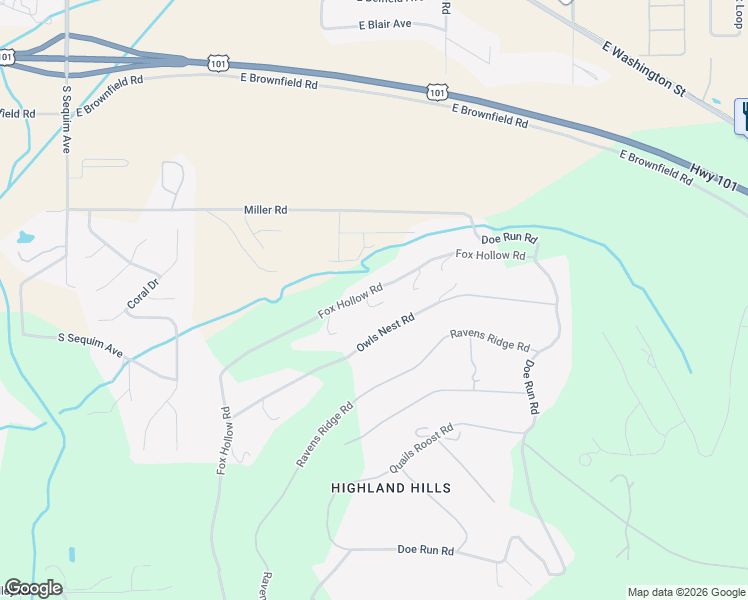 map of restaurants, bars, coffee shops, grocery stores, and more near 343 Fox Hollow Road in Sequim