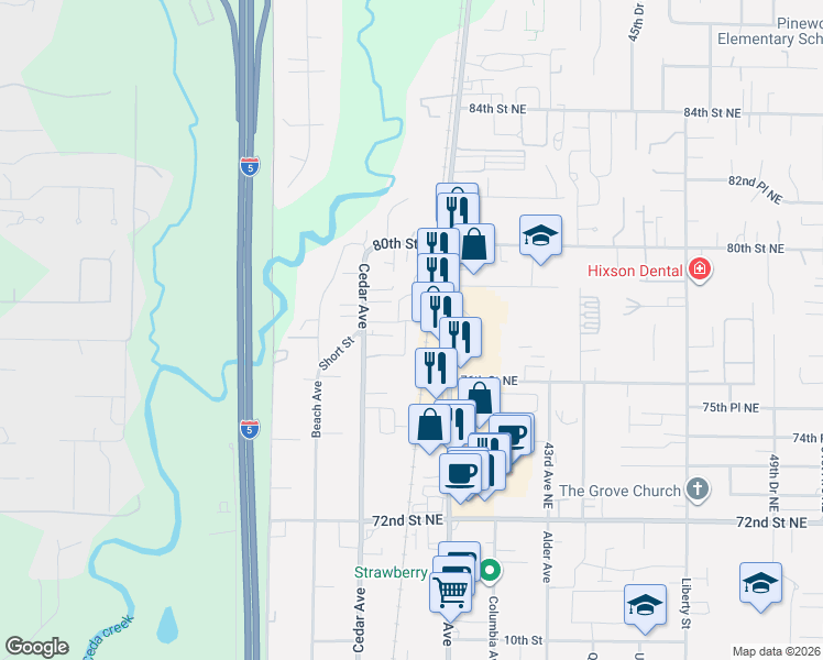 map of restaurants, bars, coffee shops, grocery stores, and more near 1350 Cedar Avenue in Marysville