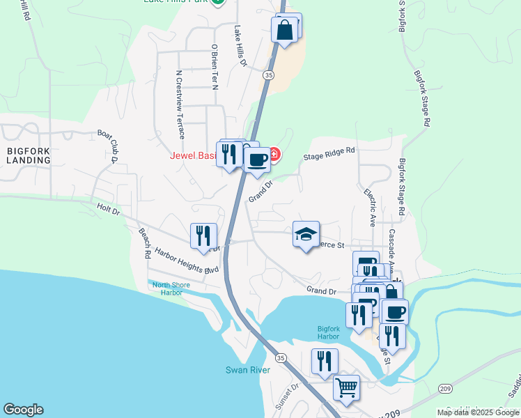 map of restaurants, bars, coffee shops, grocery stores, and more near 114 Terrace Hill in Bigfork