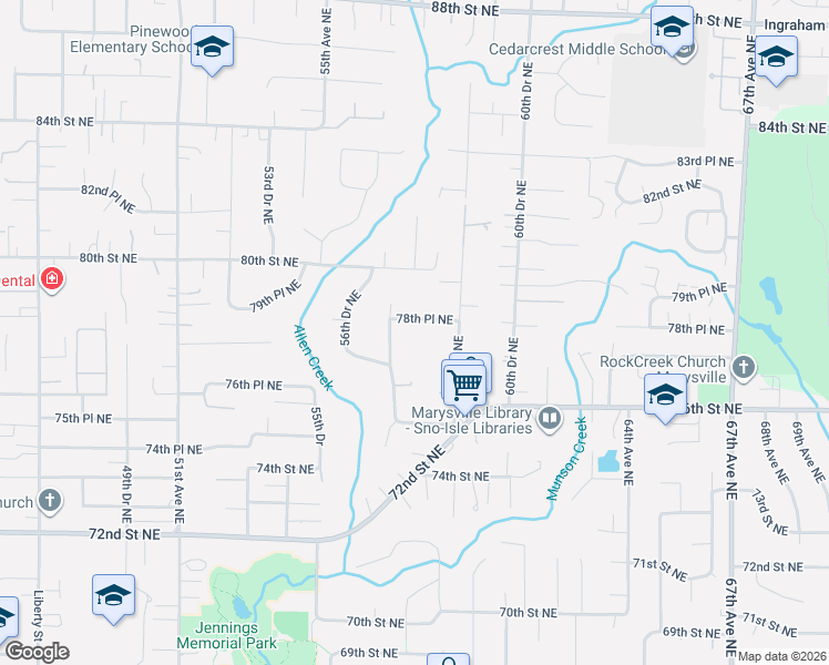 map of restaurants, bars, coffee shops, grocery stores, and more near 7718 59th Avenue Northeast in Marysville