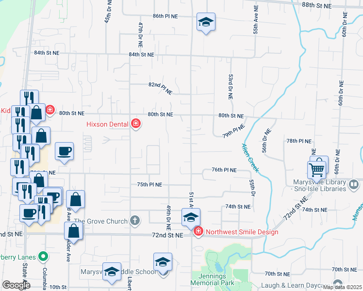 map of restaurants, bars, coffee shops, grocery stores, and more near 7710 51st Avenue Northeast in Marysville