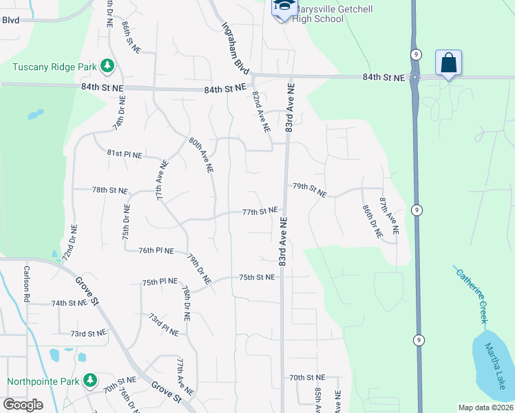 map of restaurants, bars, coffee shops, grocery stores, and more near 8025 77th Street Northeast in Marysville