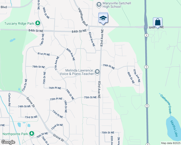 map of restaurants, bars, coffee shops, grocery stores, and more near 8025 77th Street Northeast in Marysville