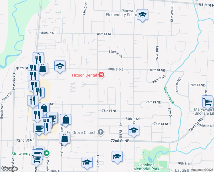 map of restaurants, bars, coffee shops, grocery stores, and more near 4805 76th Street Northeast in Marysville