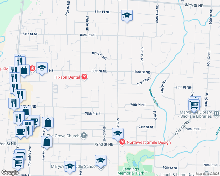 map of restaurants, bars, coffee shops, grocery stores, and more near 7710 51st Avenue Northeast in Marysville