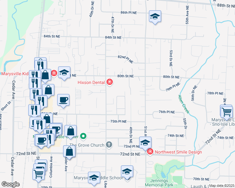 map of restaurants, bars, coffee shops, grocery stores, and more near 4805 76th Street Northeast in Marysville