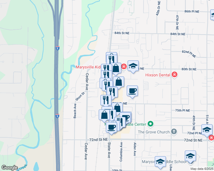map of restaurants, bars, coffee shops, grocery stores, and more near 1350 Cedar Avenue in Marysville
