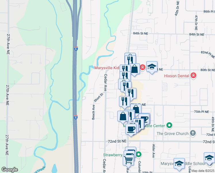 map of restaurants, bars, coffee shops, grocery stores, and more near 1340 Cedar Avenue in Marysville