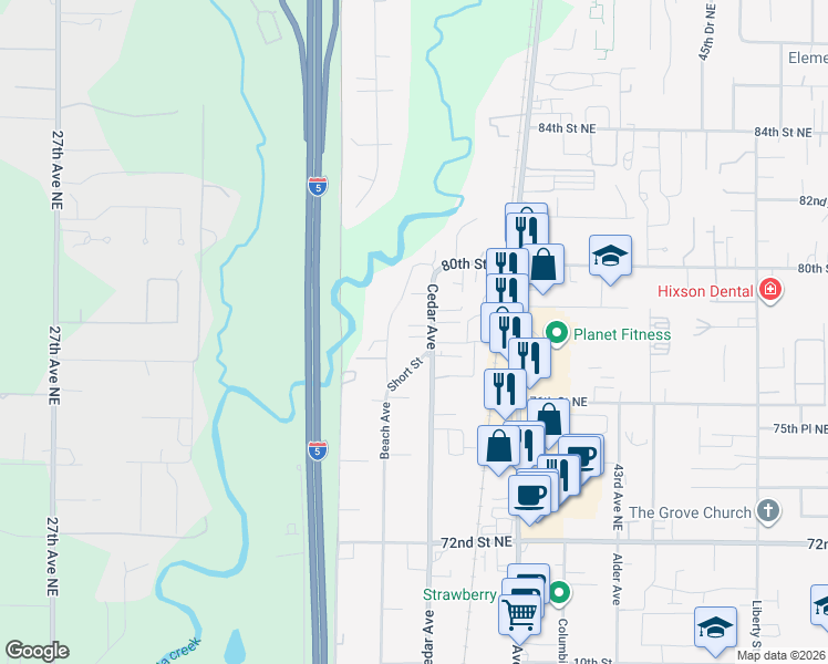 map of restaurants, bars, coffee shops, grocery stores, and more near 1223 Short Street in Marysville