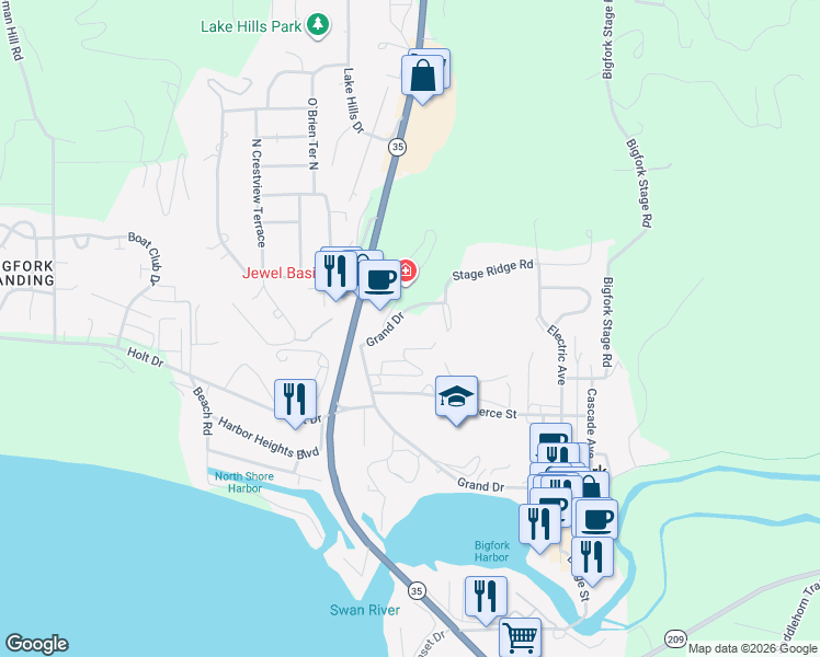 map of restaurants, bars, coffee shops, grocery stores, and more near 1100 Grand Drive in Bigfork