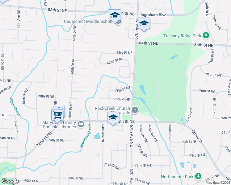 map of restaurants, bars, coffee shops, grocery stores, and more near 6412 79th Place Northeast in Marysville