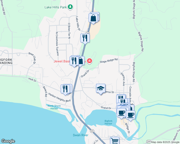 map of restaurants, bars, coffee shops, grocery stores, and more near 21 Doc Kimball Way in Bigfork