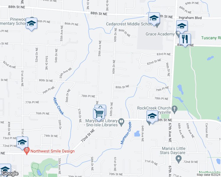 map of restaurants, bars, coffee shops, grocery stores, and more near 7910 60th Drive Northeast in Marysville
