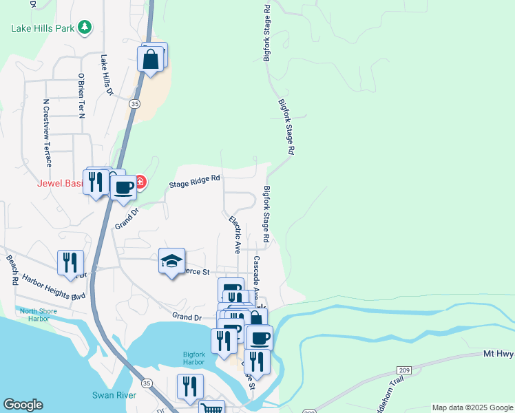 map of restaurants, bars, coffee shops, grocery stores, and more near 120 Saddle Loop in Bigfork