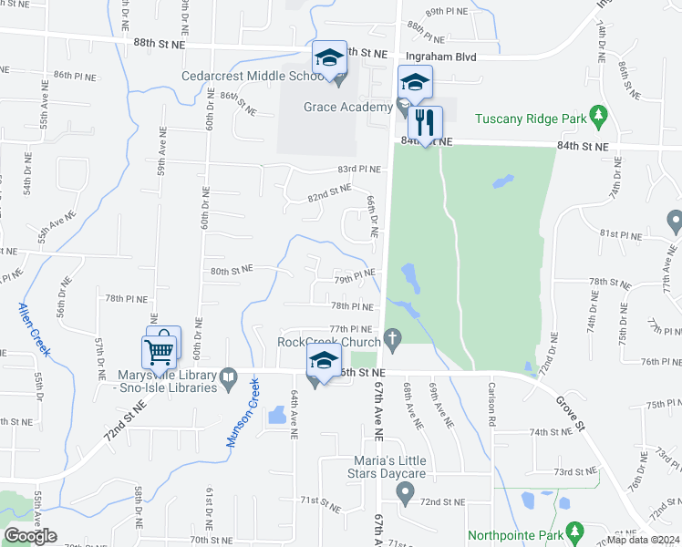 map of restaurants, bars, coffee shops, grocery stores, and more near 6509 79th Place Northeast in Marysville