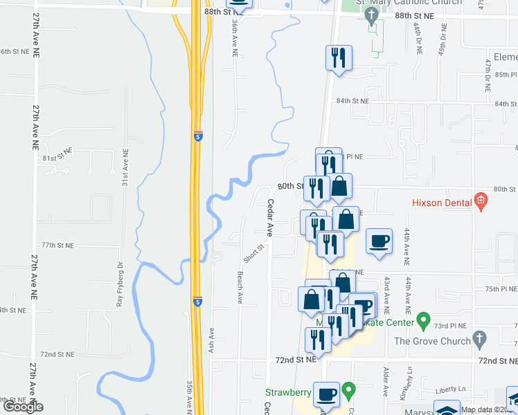map of restaurants, bars, coffee shops, grocery stores, and more near 1383 Cedar Avenue in Marysville