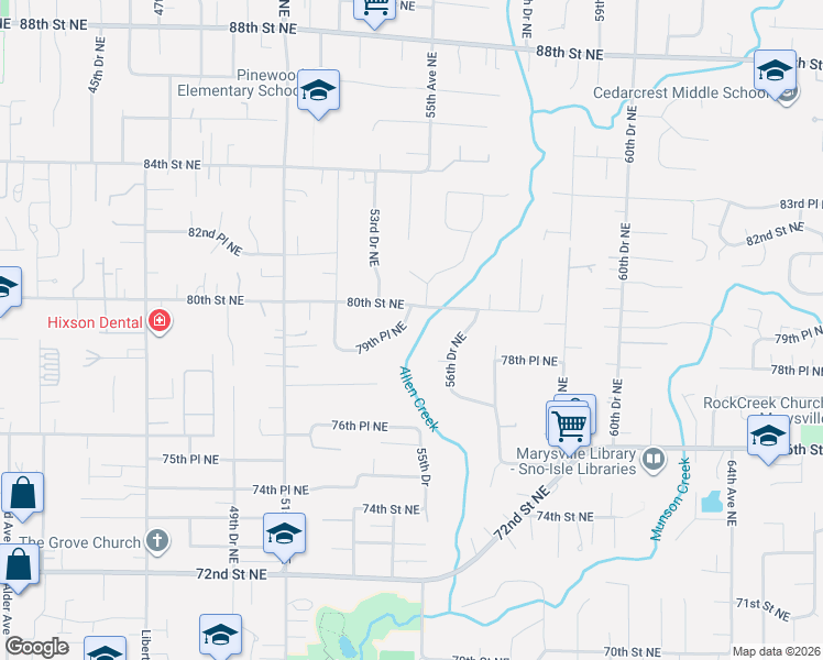 map of restaurants, bars, coffee shops, grocery stores, and more near 5416 79th Place Northeast in Marysville