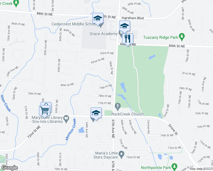 map of restaurants, bars, coffee shops, grocery stores, and more near 6607 79th Place Northeast in Marysville