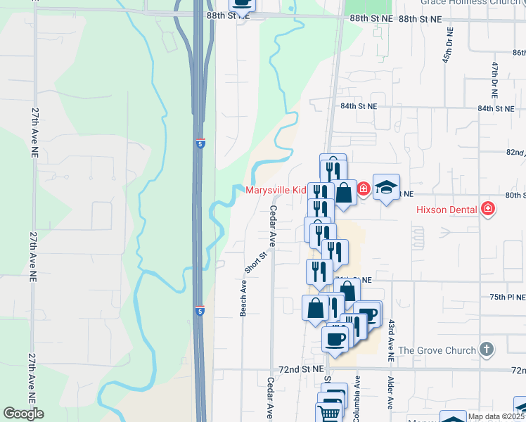 map of restaurants, bars, coffee shops, grocery stores, and more near 1383 Cedar Avenue in Marysville