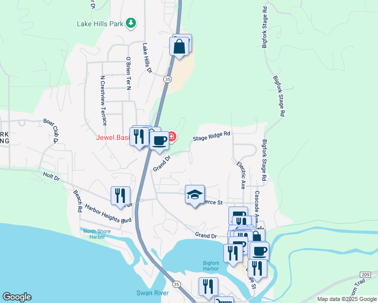 map of restaurants, bars, coffee shops, grocery stores, and more near 1100 Grand Avenue in Bigfork