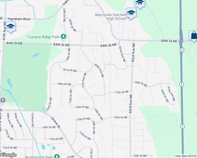 map of restaurants, bars, coffee shops, grocery stores, and more near 7717 78th Place Northeast in Marysville
