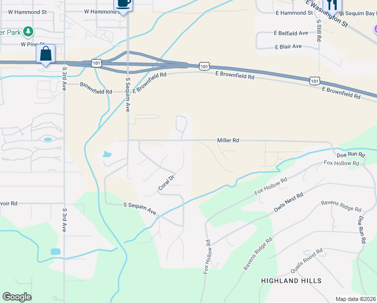 map of restaurants, bars, coffee shops, grocery stores, and more near 71 Coral Drive in Sequim