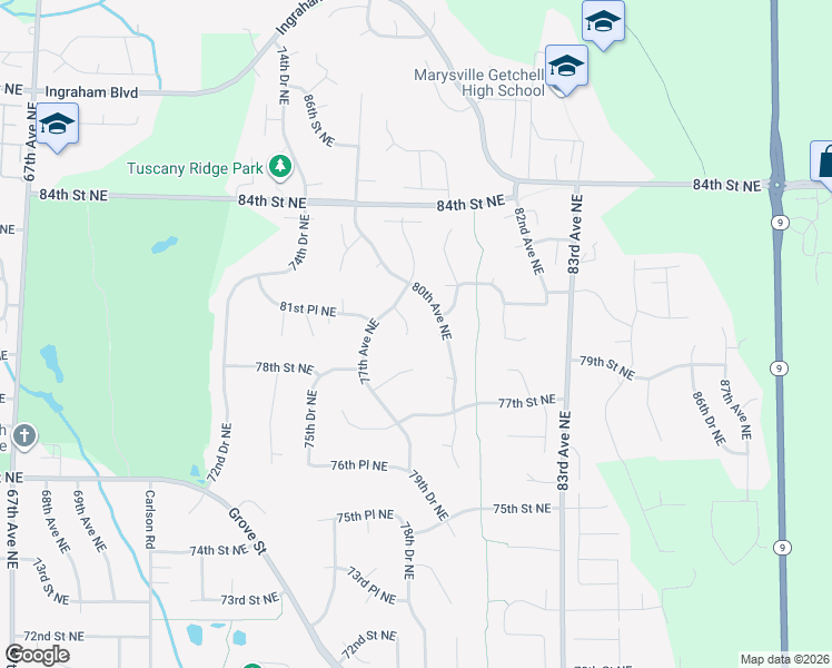 map of restaurants, bars, coffee shops, grocery stores, and more near 7717 78th Place Northeast in Marysville